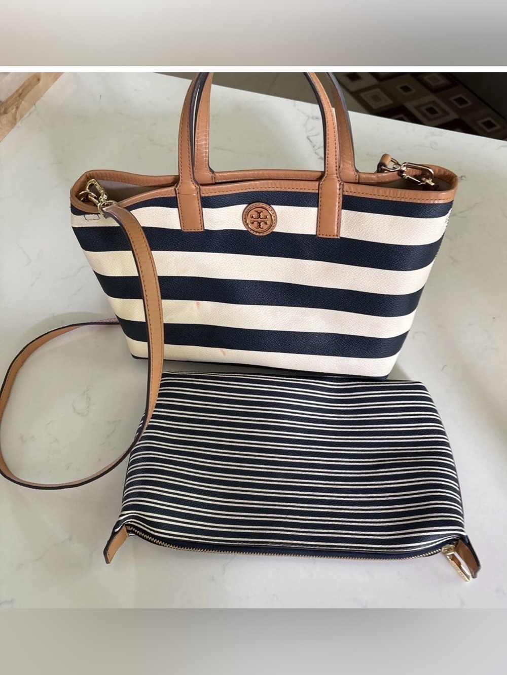 Tory Burch Navy and Cream Striped Tote with Tan Leather Accents - Picture 3 of 16